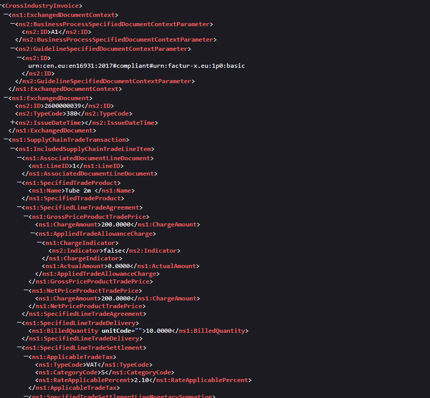 Extrait du XML Factur-X généré par WinGestion.
