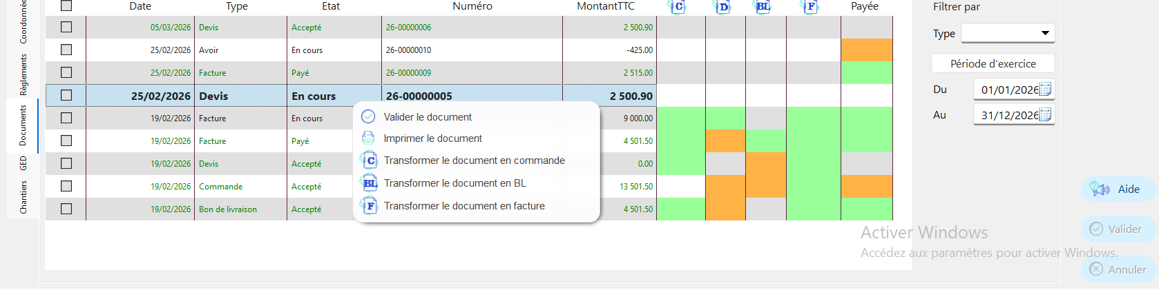 Capture d'écran de la liste des documents par client