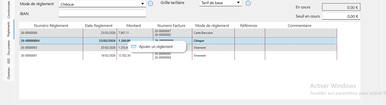 Capture d'écran des règlements du client