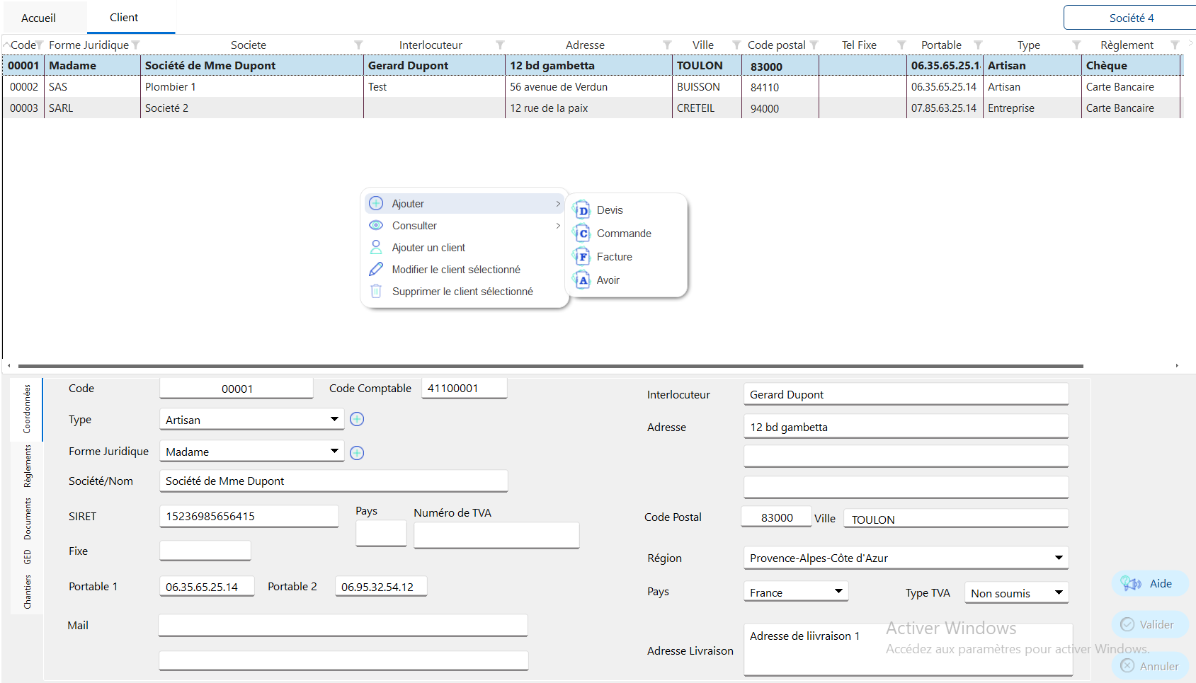 Capture d'écran de la liste des clients